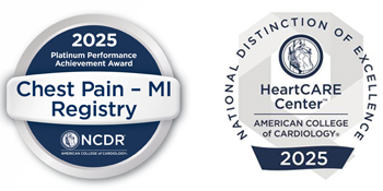 NCDR Chest Pain MI Registry Platinum Award and ACC HeartCARE Center Excellence badges, 2025