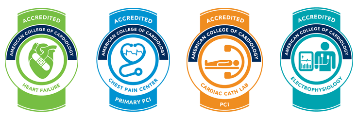 ACC accreditation badges: Heart Failure, Chest Pain Center, Cardiac Cath Lab, Electrophysiology