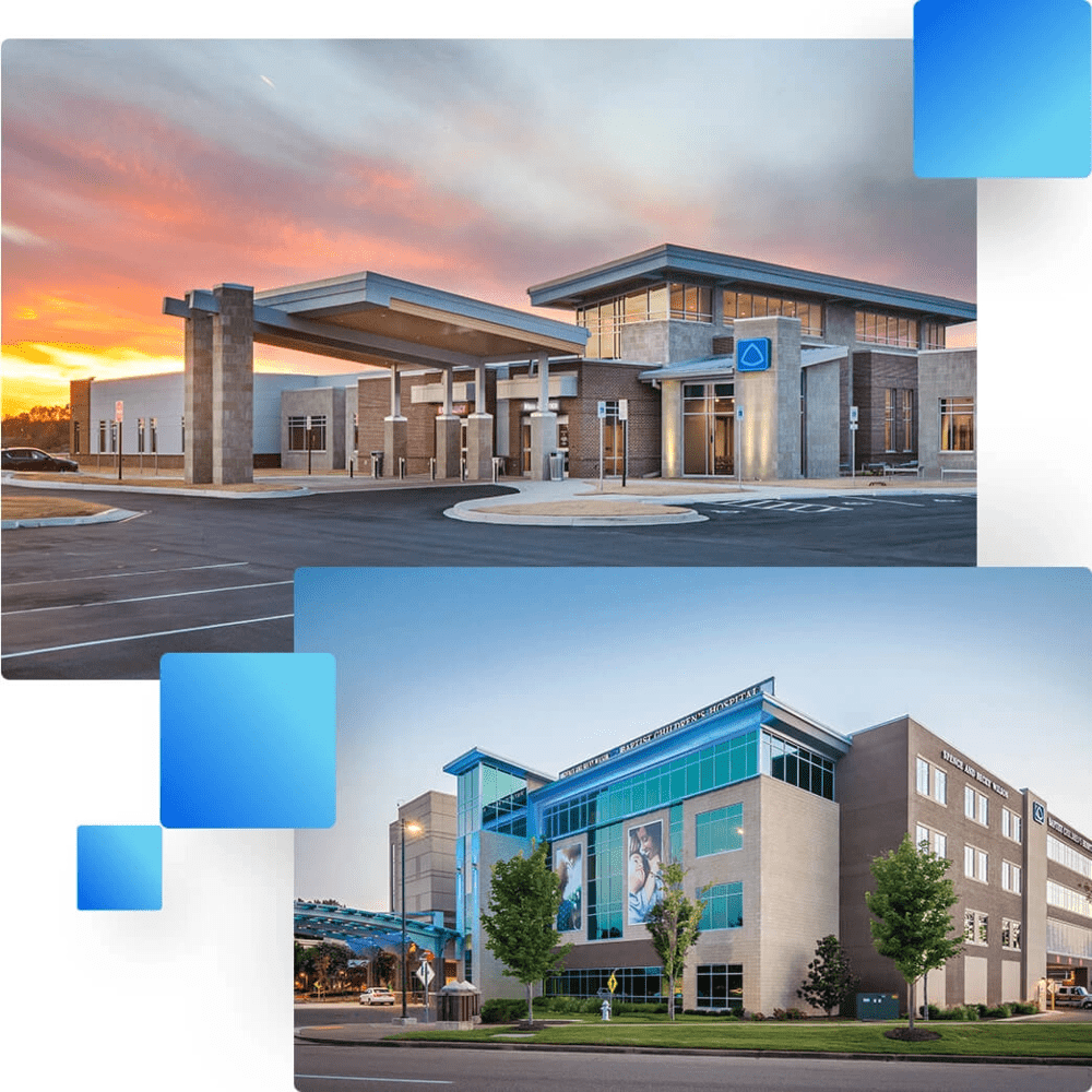 Modern Baptist hospital buildings with entrance canopy stand illuminated at sunset beside an empty parking lot and landscaped street.