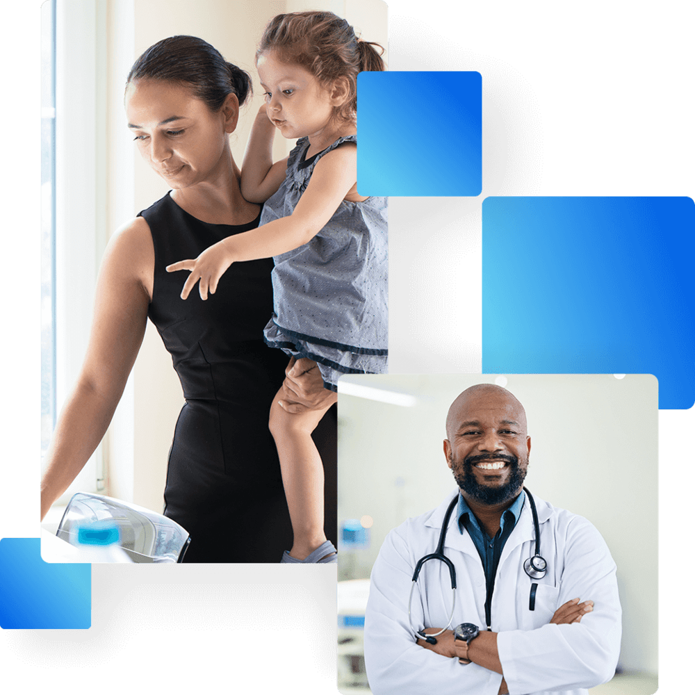 Mother holding toddler who points in a bright kitchen; inset shows smiling male doctor with stethoscope in a clinic.