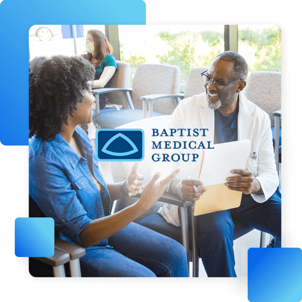 A doctor speaks with a smiling patient in a waiting room at Baptist Medical Group, with the logo centered in the image.