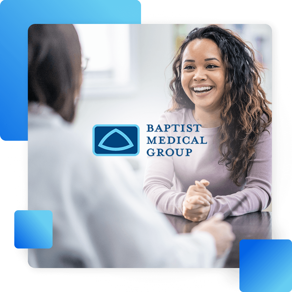 Smiling patient seated across from a healthcare provider during a consultation, with the Baptist Medical Group logo displayed in the foreground.