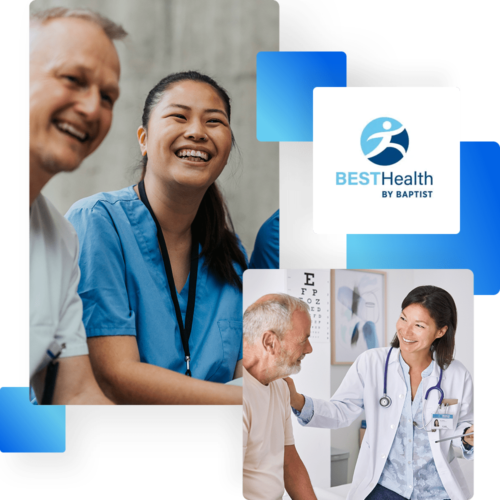 BESTHealth by Baptist logo with images of healthcare providers caring for patients and collaborating.