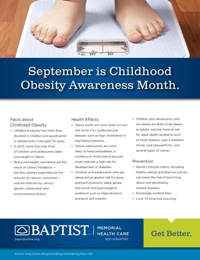 Child's bare feet stand on a bathroom scale; a flyer promoting Childhood Obesity Awareness Month with informational text and a Baptist logo.