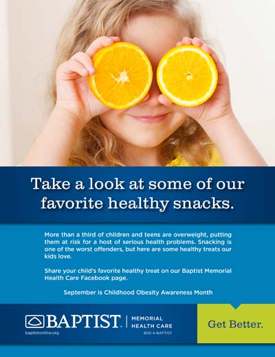 Child holds two orange halves over their eyes, smiling; close-up portrait above a blue promotional banner for health tips.