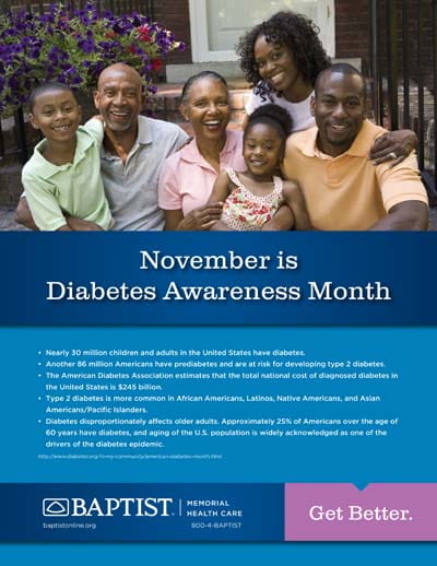 Multi-generational family of six posing and smiling on a front stoop above a blue banner about diabetes awareness.