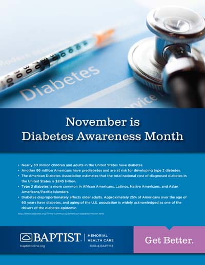 Poster announcing Diabetes Awareness Month: headline with stethoscope and syringe, diabetes facts bullets, and Baptist Memorial Health Care branding.