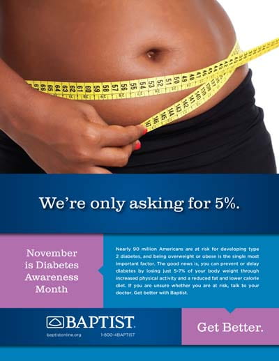 Bare woman's midriff with a yellow measuring tape around her waist, photographed for a diabetes-awareness health ad.