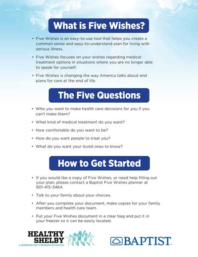 Brochure explaining Five Wishes advance-care planning: heading, bullet points listing five questions, and steps to get started; Baptist and Healthy Shelby logos.