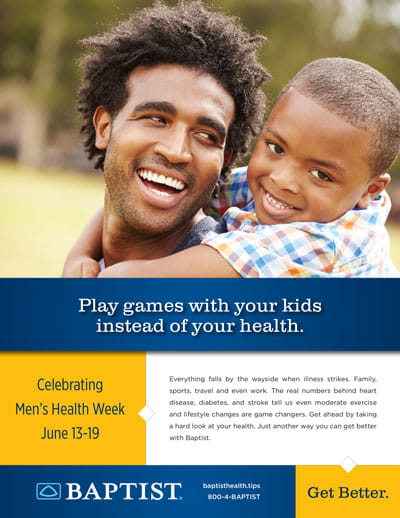 Adult man carries a smiling young boy outdoors, both laughing; a blue-and-yellow banner beneath promotes men's health and action.