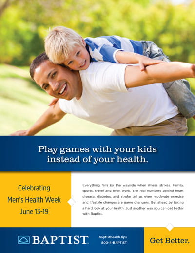 Man gives piggyback to smiling young boy in a sunny park; health campaign banner promoting Men's Health Week appears below.