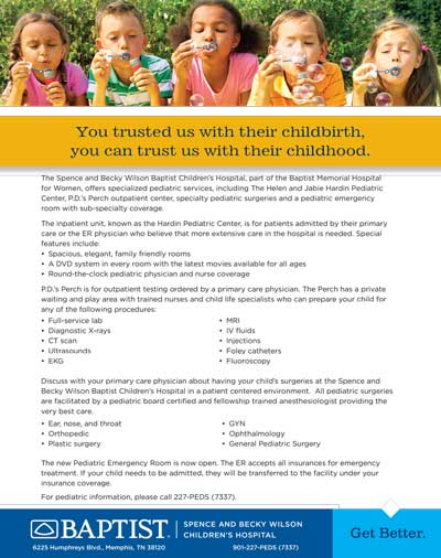 Five children blow soap bubbles outdoors above a pediatric hospital flyer promoting trust and childhood care.