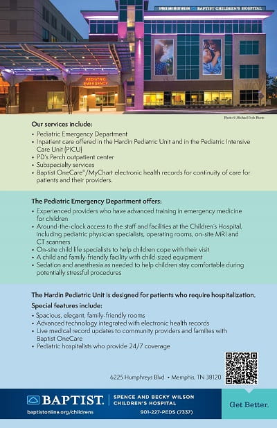 Pediatric hospital entrance lit at dusk; emergency canopy illuminated, building façade displays child photos; brochure below lists services and features.