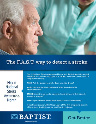 Elderly man looks toward a caregiver in a clinical setting; poster explains F.A.S.T. stroke detection steps and emergency action.