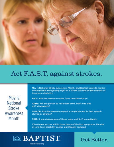 Older woman looking down while a caregiver watches attentively in a medical stroke-awareness poster.