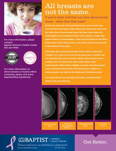 Pamphlet describing breast density: informational text, four mammogram examples, contact details on purple and orange background.