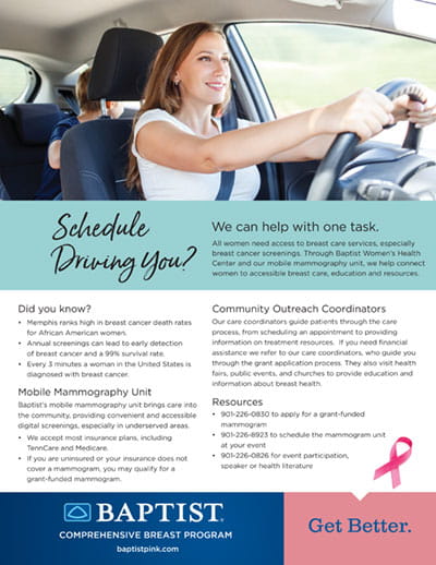 Woman driving a car smiling in front seat while child sits in back; brochure promotes mobile mammography and breast health resources.