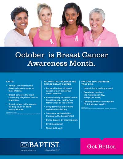 Four smiling women wear pink shirts and ribbons, standing above an informational poster about breast cancer awareness.
