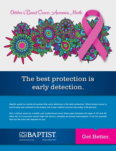 Pink awareness ribbon overlays colorful floral mandalas above a blue panel urging breast cancer screening and early detection.