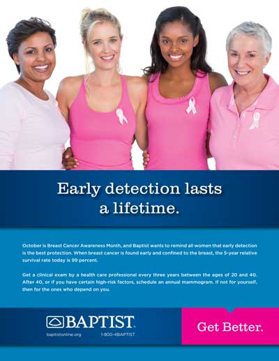 Group of four smiling women wearing pink shirts and ribbons, posing shoulder-to-shoulder in a breast cancer awareness poster by Baptist.