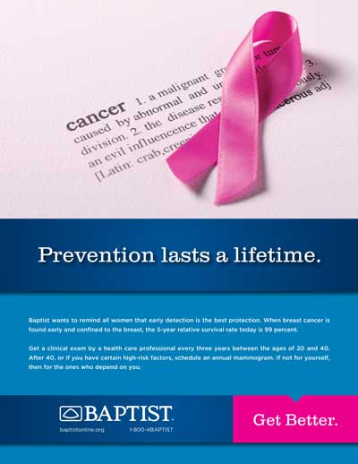 Pink breast-cancer ribbon resting on a dictionary definition of "cancer"; blue banner beneath reads "Prevention lasts a lifetime."