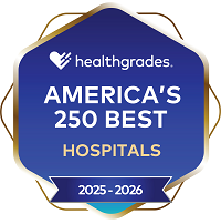 healthgrades America’s 250 Best Hospitals Award 2025-2026 on a blue hexagon background