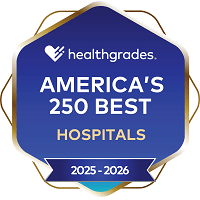 healthgrades America’s 250 Best Hospitals Award 2025-2026 on a blue hexagon background