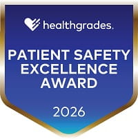 HealthGrades Patient Safety Excellence Award for 2026 on a blue shield background.