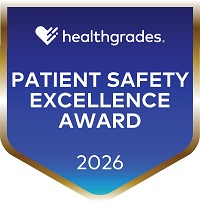 HealthGrades Patient Safety Excellence Award for 2026 on a blue shield background.